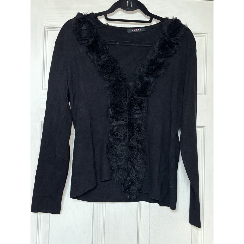 Cyrus Black Cardigan With ruffled Detail Down Front Hook And Eye Closure Size M
